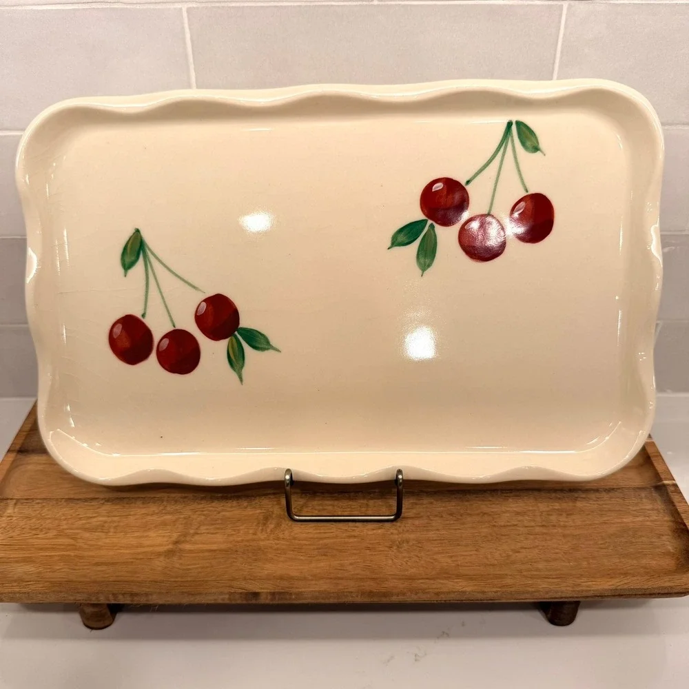 Pottery Cherry Serving‎ Tray Scalloped Rectangular Platter Stoneware